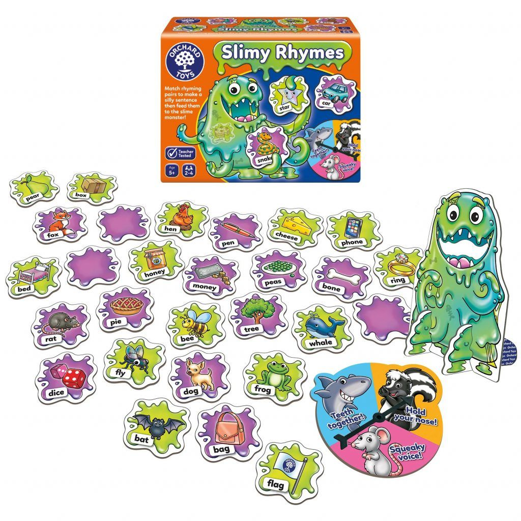 Slimy Rhymes game pieces and box