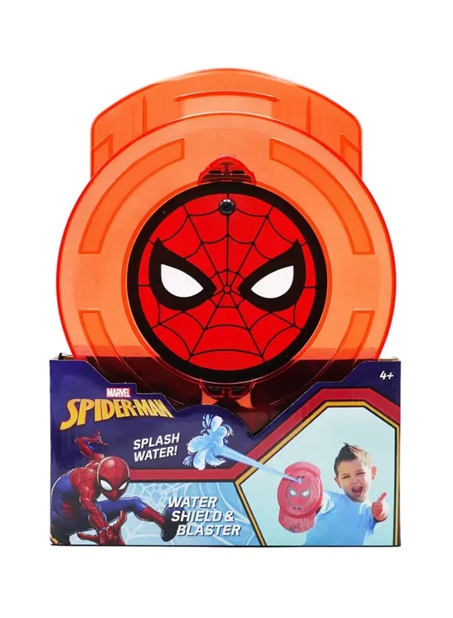 Marvel Spider-Man Splash Water Water Shield and Blaster toy set, featuring an orange translucent circular water shield with a red Spider-Man face graphic, shown with its retail box.