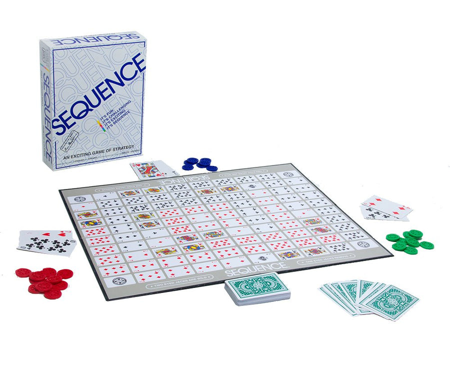 The board game Sequence with its box, playing board, cards, and colored chips arranged on a white background.