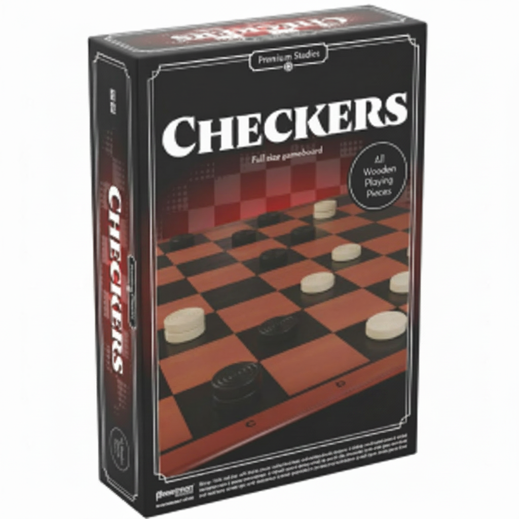Checkers board game box with wooden playing pieces