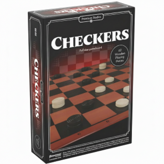 Checkers board game box with wooden playing pieces