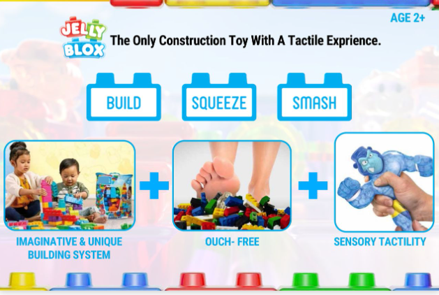 Jelly Blox construction toy showing build, squeeze, and smash play