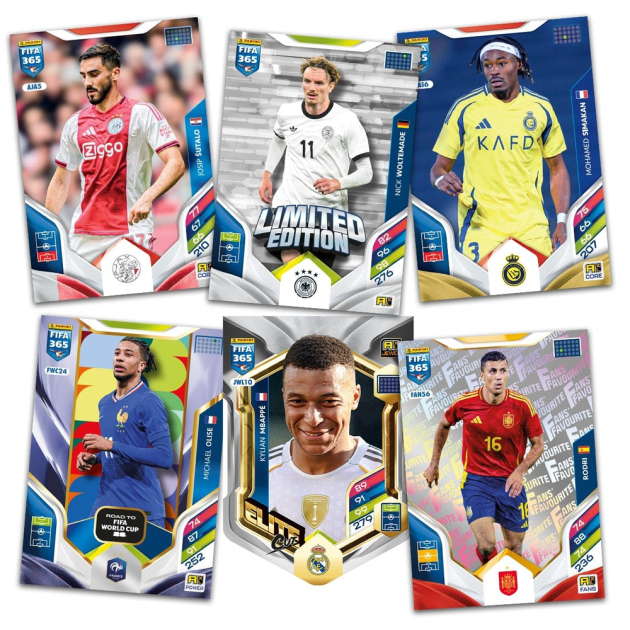 FIFA 365 2026 Adrenalyn XL cards including Mbappe Elite Club and Limited Edition