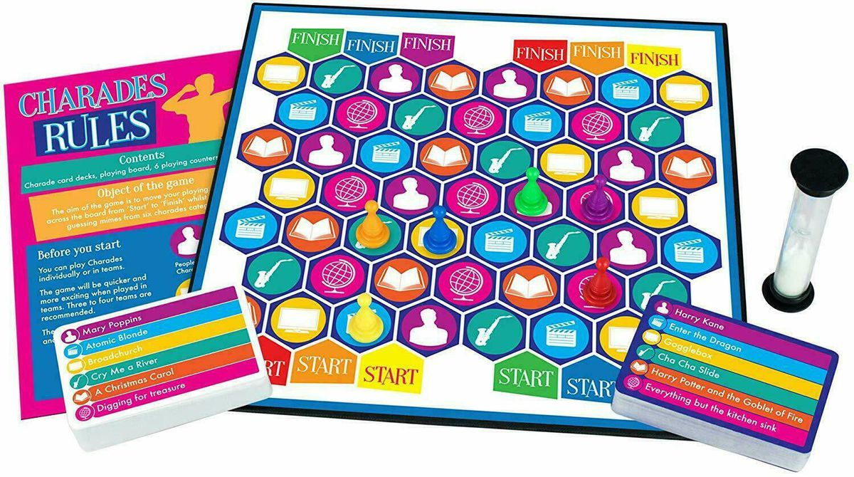 Charades board game contents - board, cards, counters, sand timer
