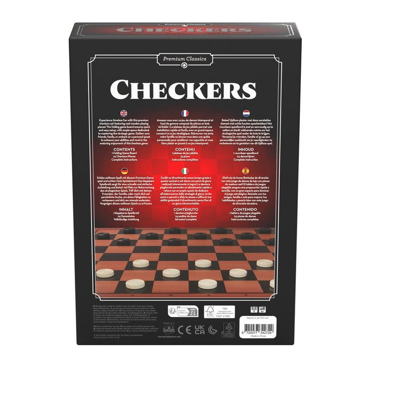 Premium Classics Checkers game box and wooden playing pieces