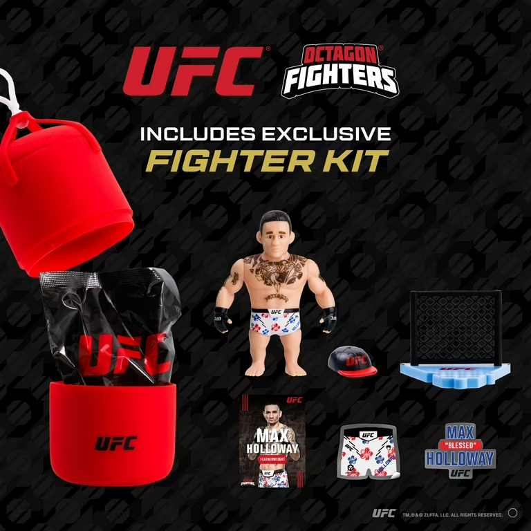 UFC Octagon Fighters includes exclusive fighter kit featuring a Max Holloway action figure, red UFC-branded gear, a black-and-red cap, a blue octagonal pad, a towel, and a small bag, all arranged on a dark patterned background with large UFC and Octagon Fighters branding.