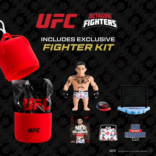 UFC Octagon Fighters includes exclusive fighter kit featuring a Max Holloway action figure, red UFC-branded gear, a black-and-red cap, a blue octagonal pad, a towel, and a small bag, all arranged on a dark patterned background with large UFC and Octagon Fighters branding.